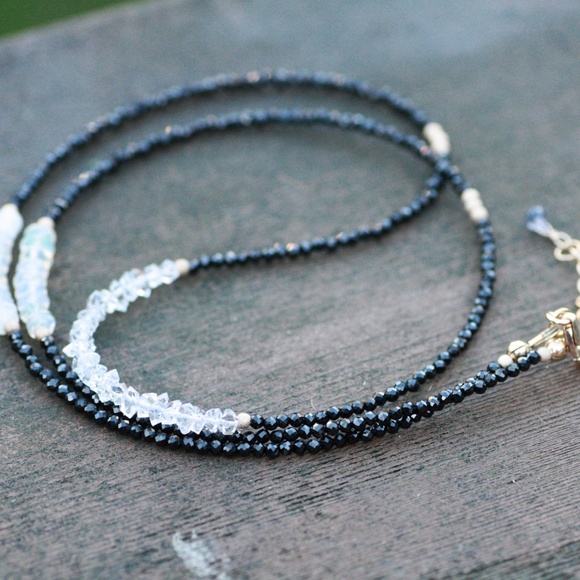 Black Spinel Opal, Herkimer Diamond Wrap Bracelet | Necklace 14k Gold Filled - Picture 2 of 7